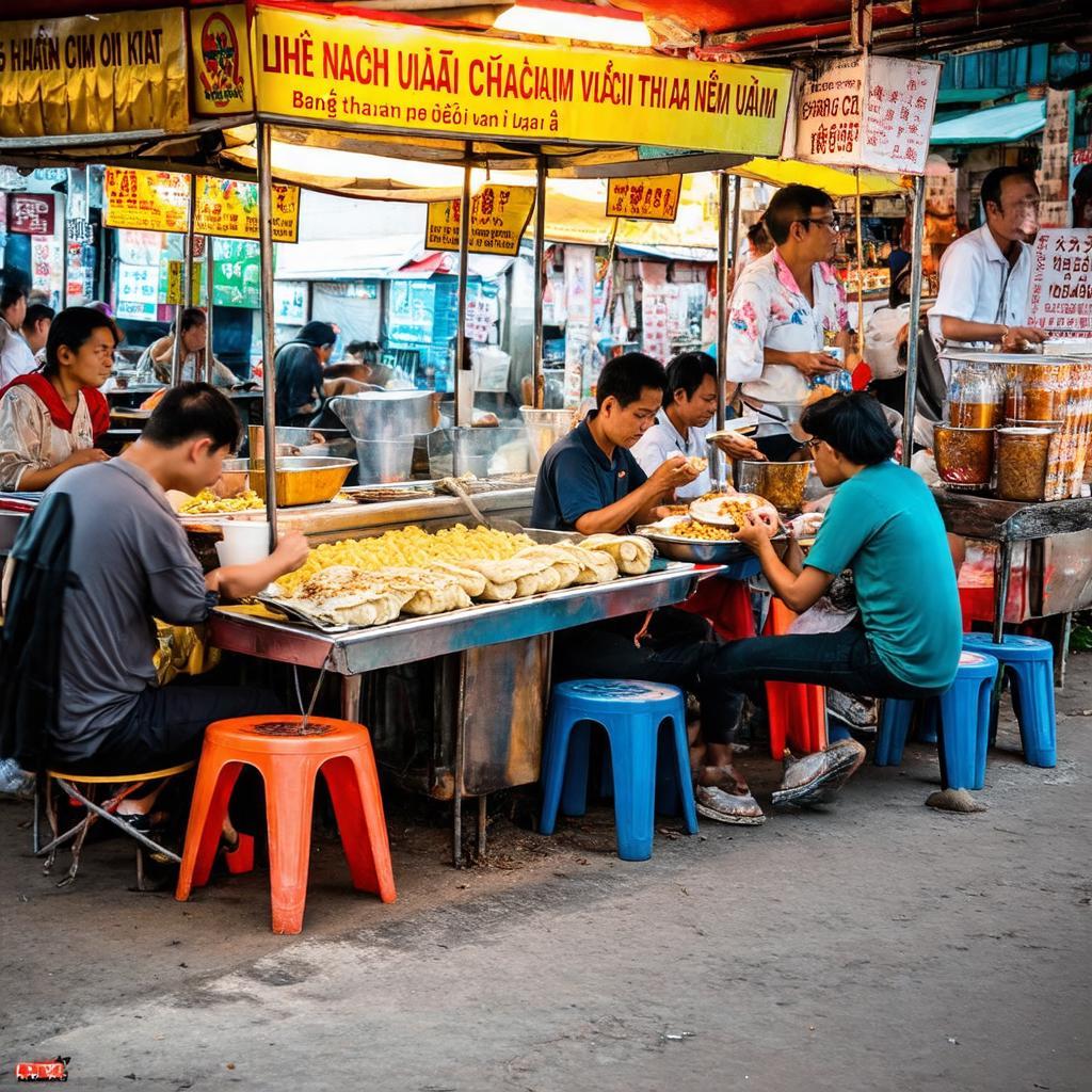 Người dân thưởng thức các món ăn vặt, ẩm thực đường phố tại một góc Chợ Phú Lợi.